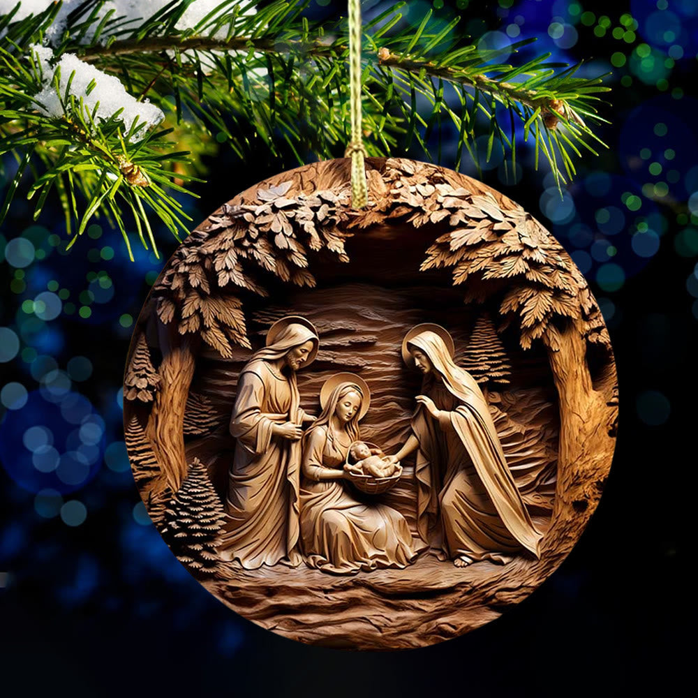 Christianartworkshop Warmes Holz – getönte Weihnachtskrippe der Heiligen Familie, hängende Ornamente - Keramik - image 0