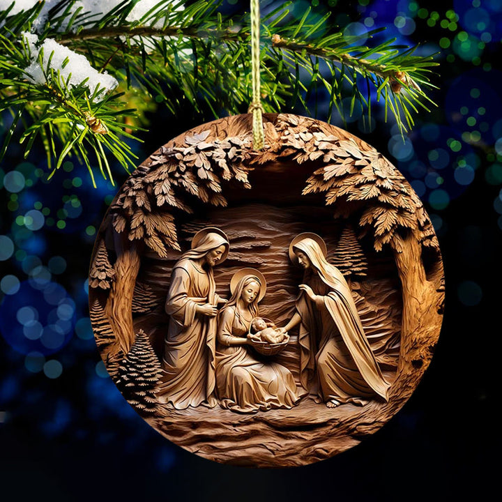 Christianartworkshop Warmes Holz – getönte Weihnachtskrippe der Heiligen Familie, hängende Ornamente - Keramik - image 0