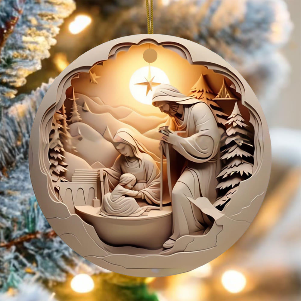 Christianartworkshop Cremefarbene Weihnachtskrippe mit Sternenlicht, hängende Weihnachtsdekoration - Keramik - image 0