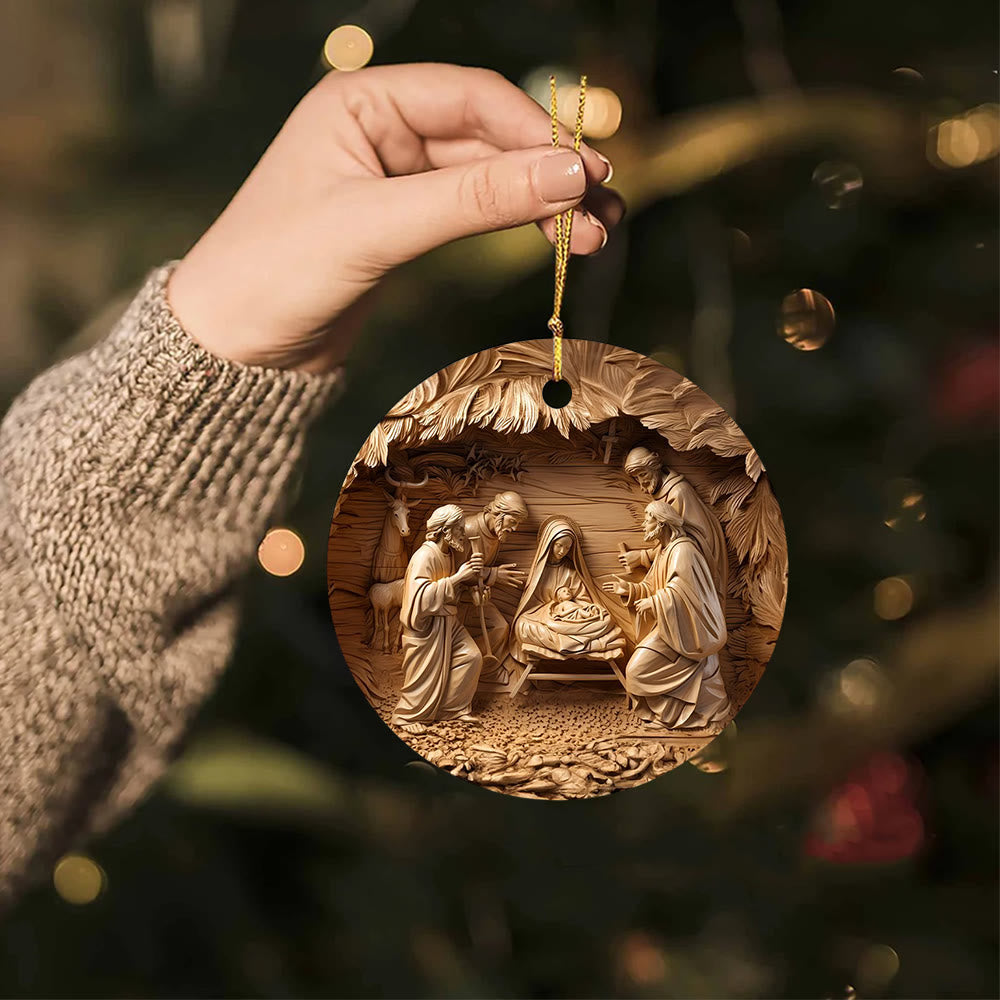 Christianartworkshop Weihnachtskrippe in Holztönen mit Tieren, Weihnachtsschmuck zum Aufhängen - image 3