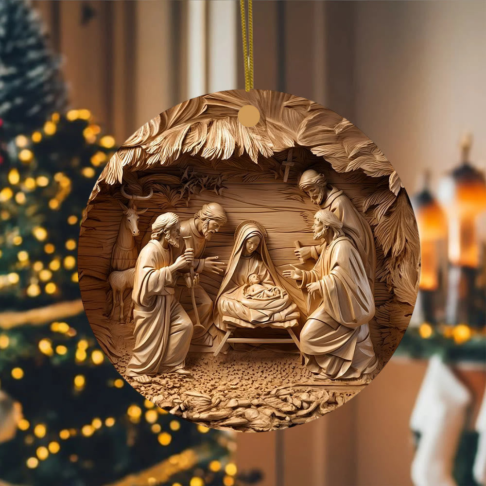 Christianartworkshop Weihnachtskrippe in Holztönen mit Tieren, Weihnachtsschmuck zum Aufhängen - Keramik - image 0