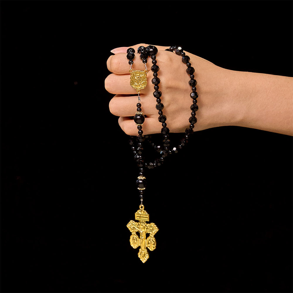 Christianartworkshop St. Michael und Pardon Kruzifix aus facettierten schwarzen Perlen, handgefertigter Rosenkranz - image 1