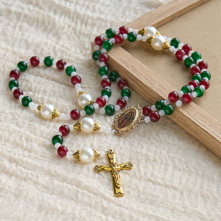 Christianartworkshop Stechpalmenkranz, dreifarbiger Weihnachts-Rosenkranz mit Perlen: Feiern Sie die heilige Geburt - image 6