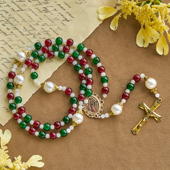 Christianartworkshop Stechpalmenkranz, dreifarbiger Weihnachts-Rosenkranz mit Perlen: Feiern Sie die heilige Geburt - image 4