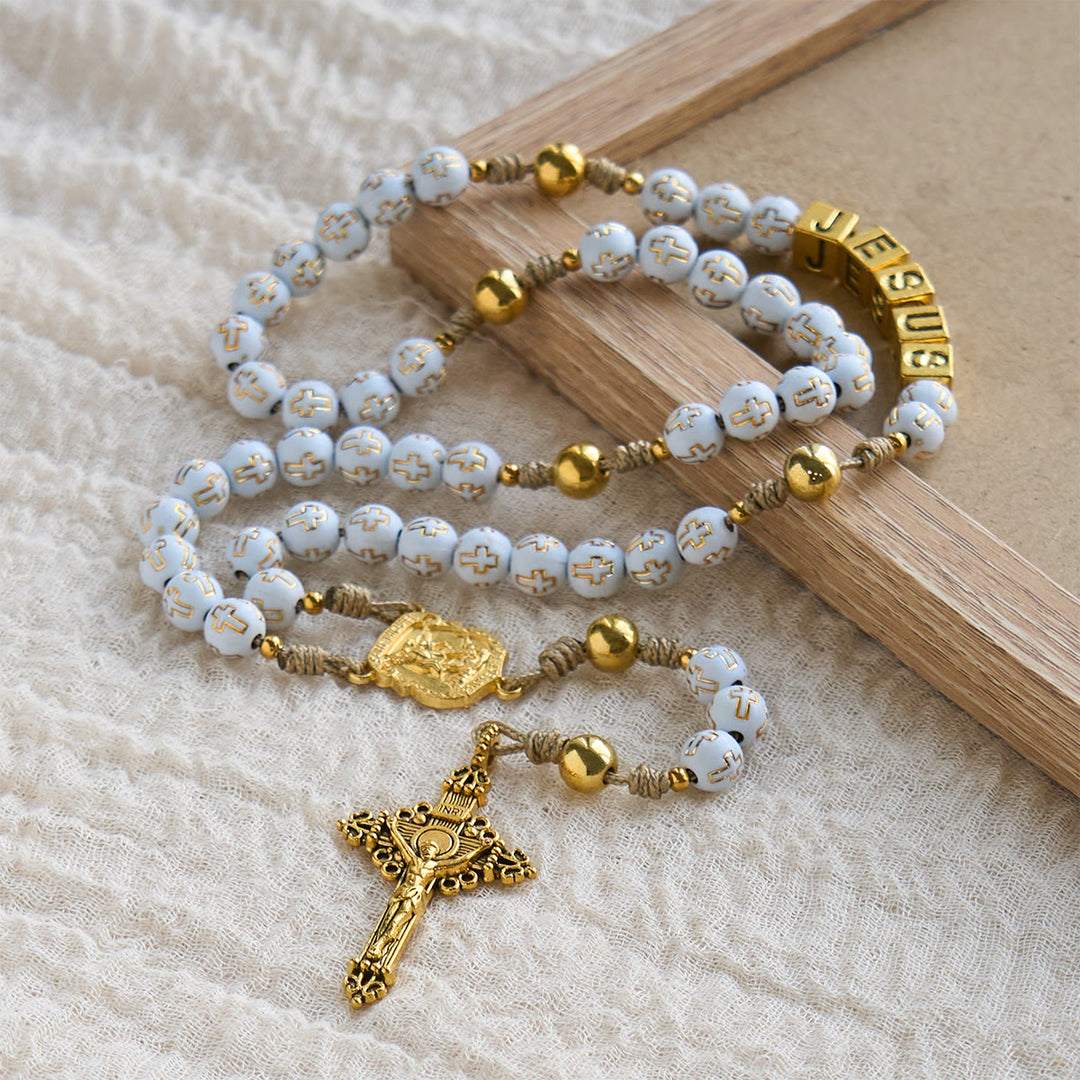 Christianartworkshop Elfenbeinfarbener Rosenkranz mit goldenen Kreuzperlen, verziert mit dem Heiligen Michael und einem personalisierten Jesus-Brief - image 4