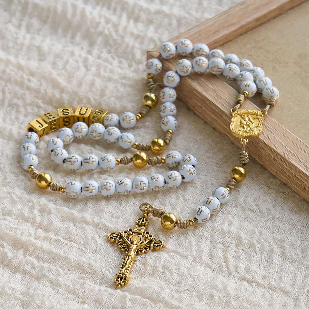 Christianartworkshop Elfenbeinfarbener Rosenkranz mit goldenen Kreuzperlen, verziert mit dem Heiligen Michael und einem personalisierten Jesus-Brief - image 5
