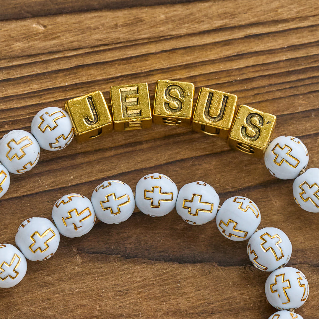 Christianartworkshop Elfenbeinfarbener Rosenkranz mit goldenen Kreuzperlen, verziert mit dem Heiligen Michael und einem personalisierten Jesus-Brief - image 9