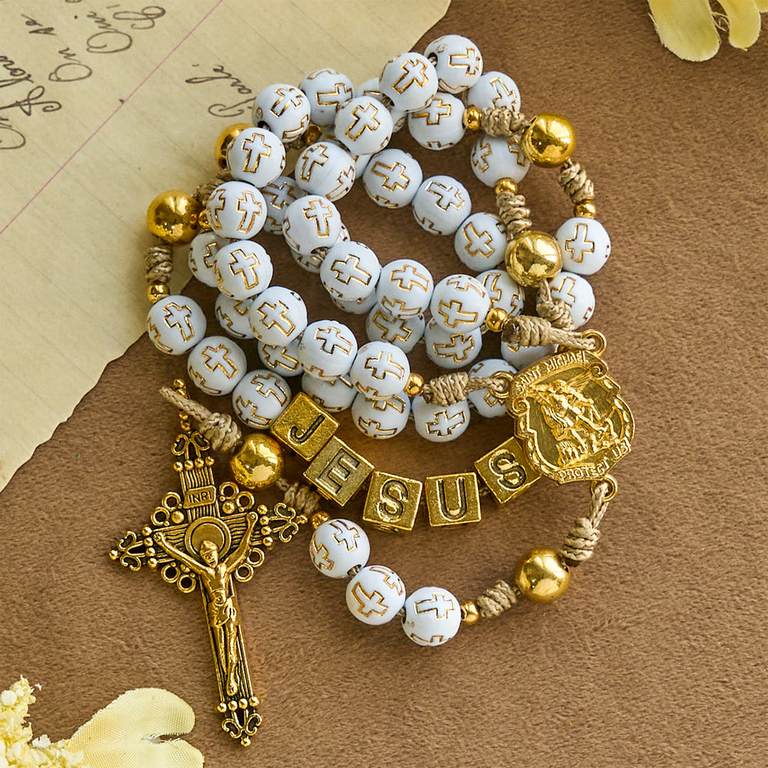 Christianartworkshop Elfenbeinfarbener Rosenkranz mit goldenen Kreuzperlen, verziert mit dem Heiligen Michael und einem personalisierten Jesus-Brief - image 6