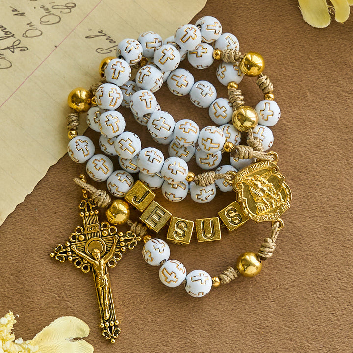 Christianartworkshop Elfenbeinfarbener Rosenkranz mit goldenen Kreuzperlen, verziert mit dem Heiligen Michael und einem personalisierten Jesus-Brief - image 6