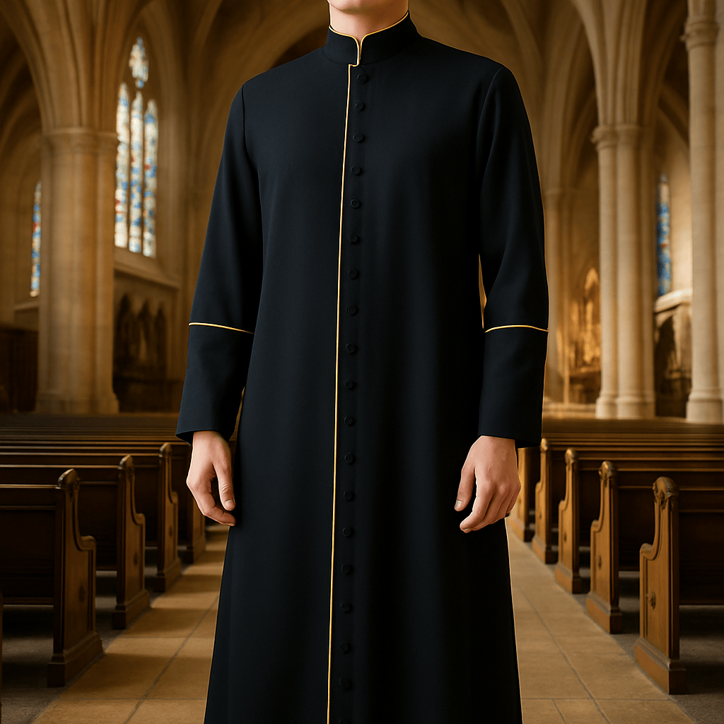 Christianartworkshop Priesterrobe im mittelalterlichen Stil in verschiedenen Farben und mit Kreuzdetails - Schwarz mit goldenen Streifen - 3XL - image 0
