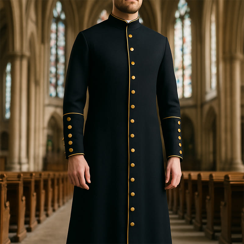 Christianartworkshop Klassische, mehrfarbige Priesterrobe mit Kontrastbesatz und mittelalterlicher Eleganz - Schwarz mit Goldbesatz - 3XL - image 0