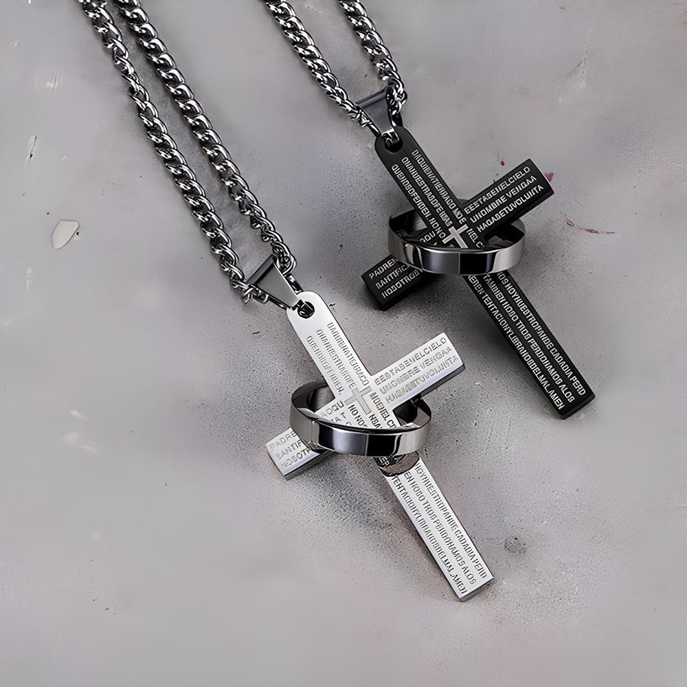 Christianartworkshop Halskette mit Kreuzanhänger „Vaterunser“ mit ineinandergreifendem Ring: Kräftiger Stil, heilige Bedeutung - Schwarz - image 1