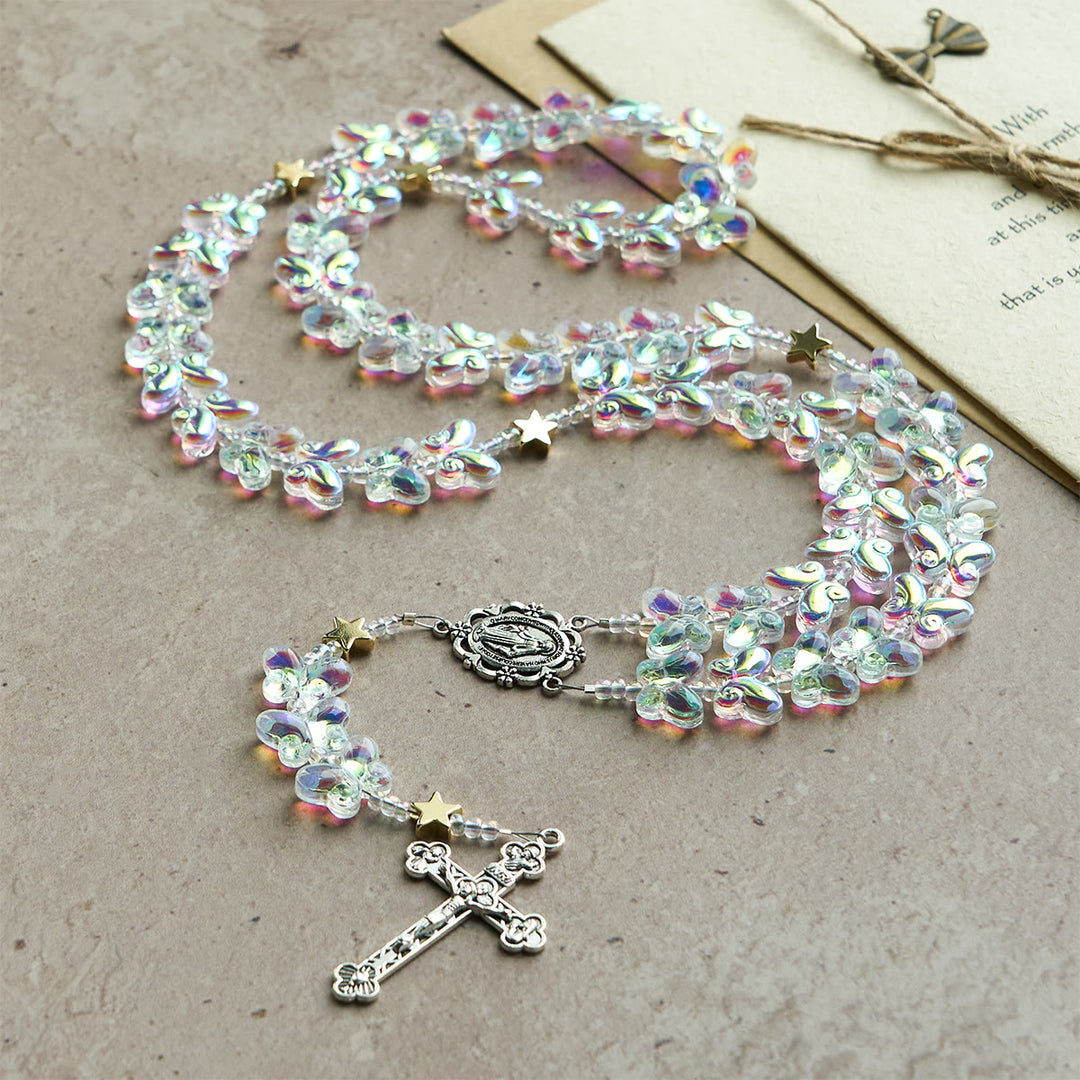 Christianartworkshop Sternenhimmel, schimmernder grüner Schmetterling mit wundertätiger Medaille, Tier-Rosenkranz - image 3