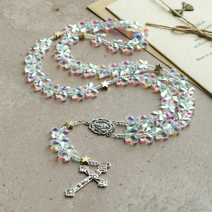 Christianartworkshop Sternenhimmel, schimmernder grüner Schmetterling mit wundertätiger Medaille, Tier-Rosenkranz - image 3