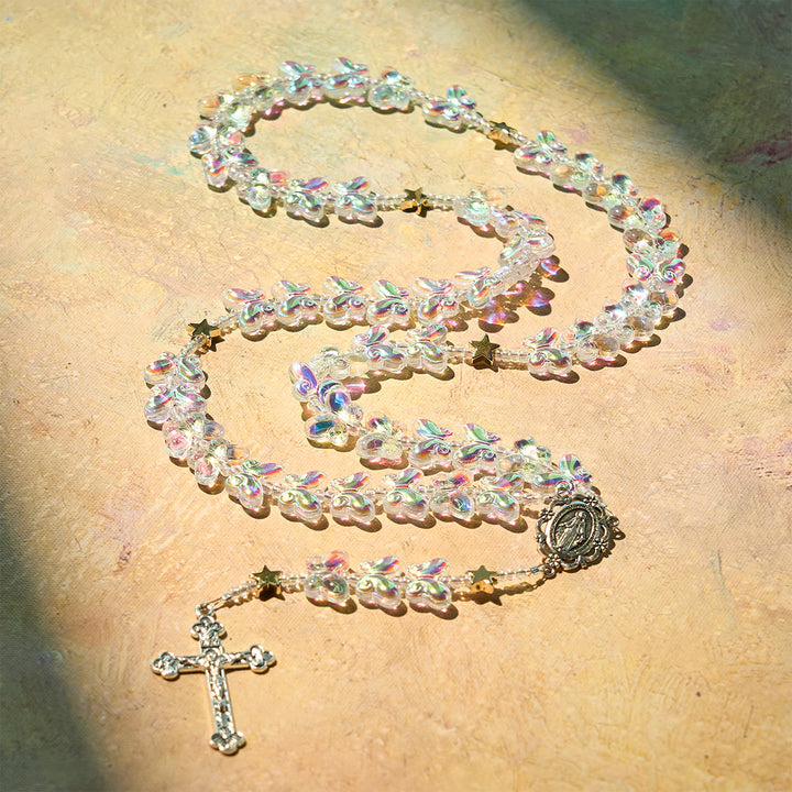 Christianartworkshop Sternenhimmel, schimmernder grüner Schmetterling mit wundertätiger Medaille, Tier-Rosenkranz - image 2