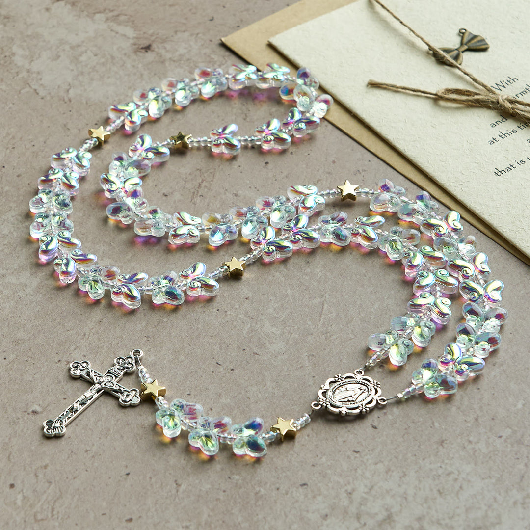 Christianartworkshop Sternenhimmel, schimmernder grüner Schmetterling mit wundertätiger Medaille, Tier-Rosenkranz - image 4