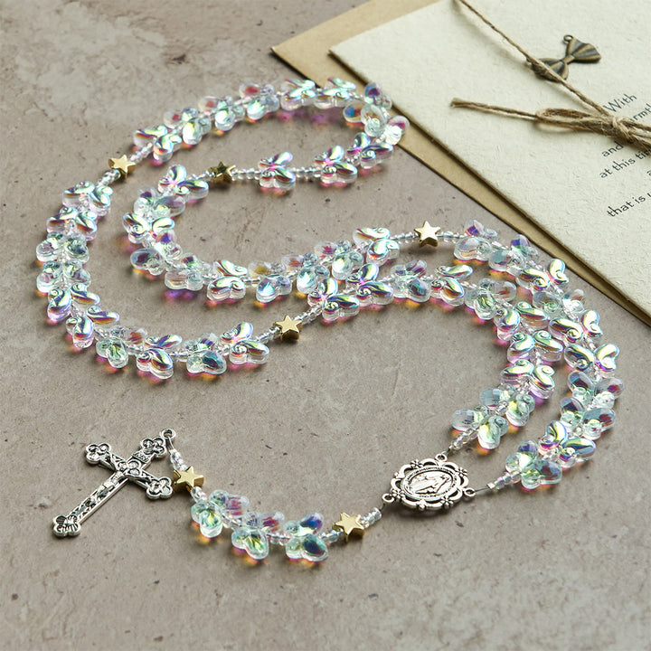 Christianartworkshop Sternenhimmel, schimmernder grüner Schmetterling mit wundertätiger Medaille, Tier-Rosenkranz - image 4
