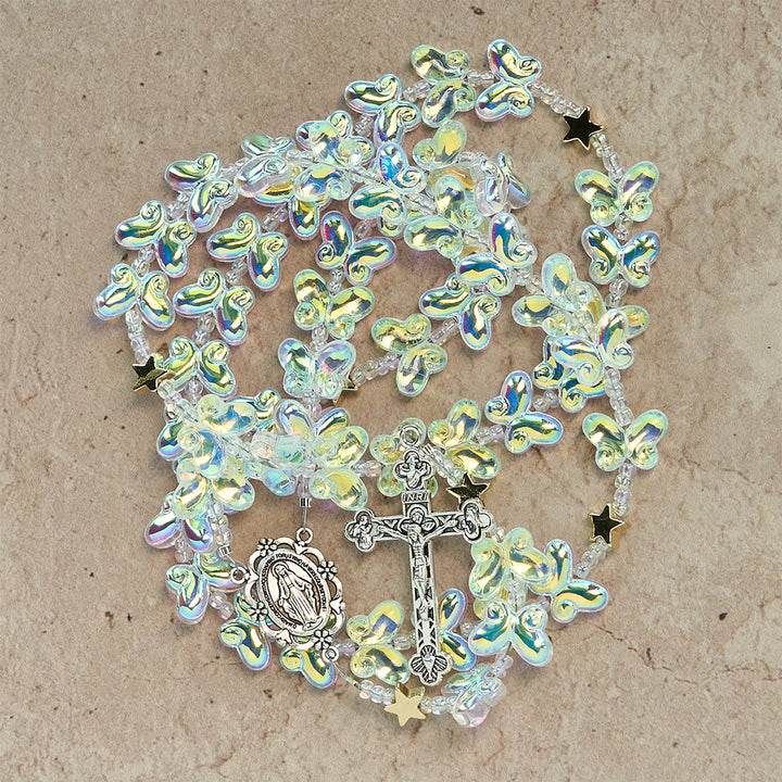 Christianartworkshop Sternenhimmel, schimmernder grüner Schmetterling mit wundertätiger Medaille, Tier-Rosenkranz - image 6