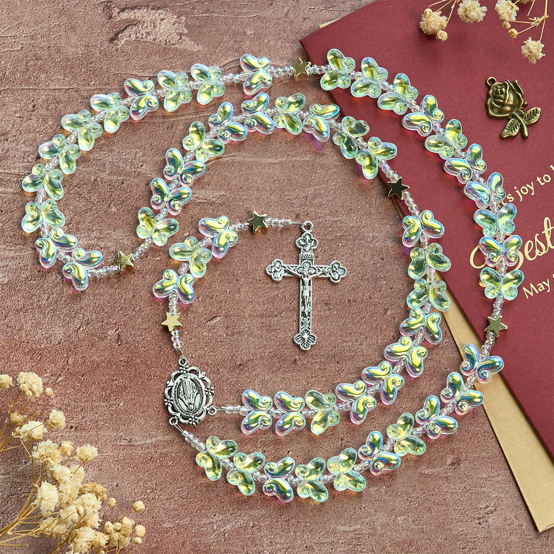 Christianartworkshop Sternenhimmel, schimmernder grüner Schmetterling mit wundertätiger Medaille, Tier-Rosenkranz - Schmetterlingsrosenkranz - image 0