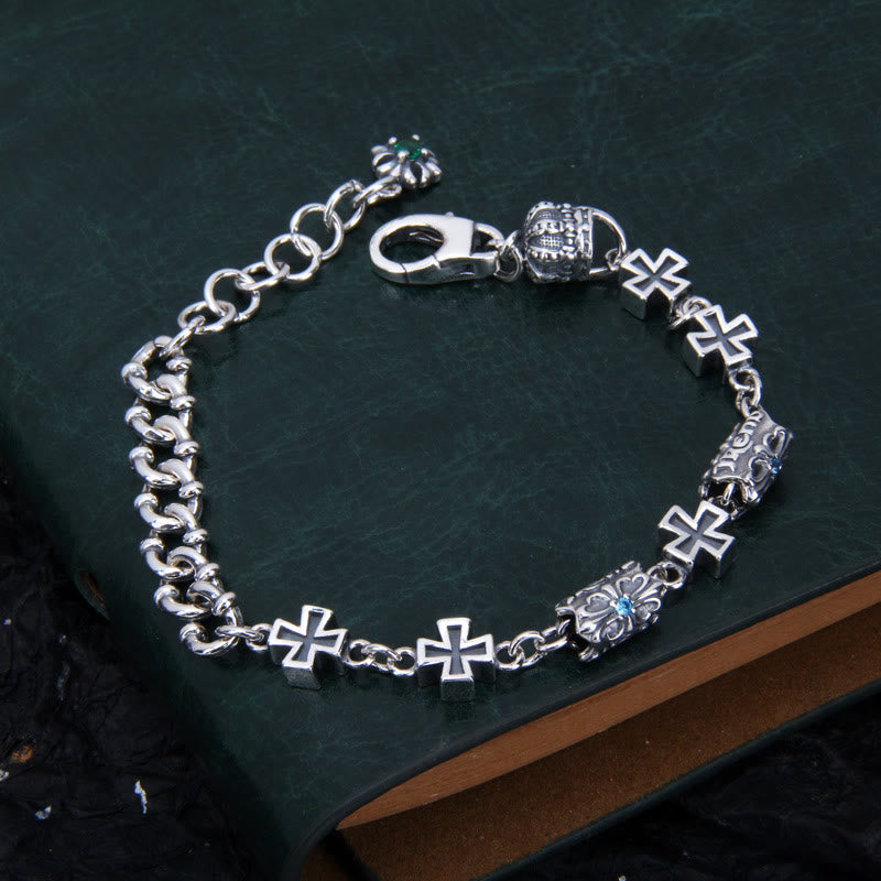 Christianartworkshop Klassisches Kreuzarmband aus 925er Sterlingsilber mit gotischen Blumenperlen - Handgelenkumfang: 6,69''-7,87''/17cm-20cm - image 0