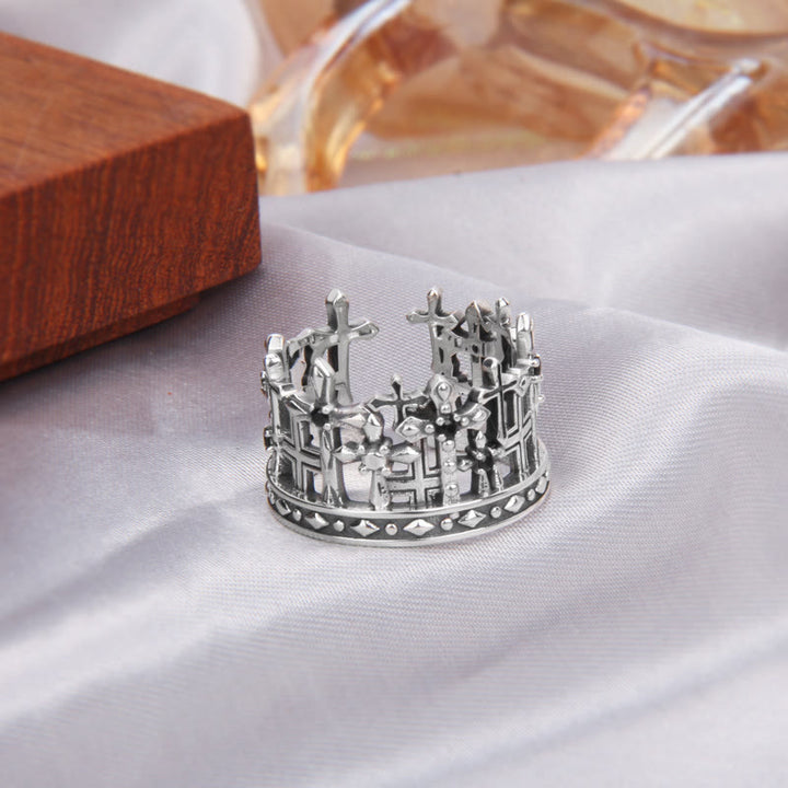 Christianartworkshop 925 Sterling Gotischer Gitterkreuz-Kronenring mit Kirchenmotiven - image 2