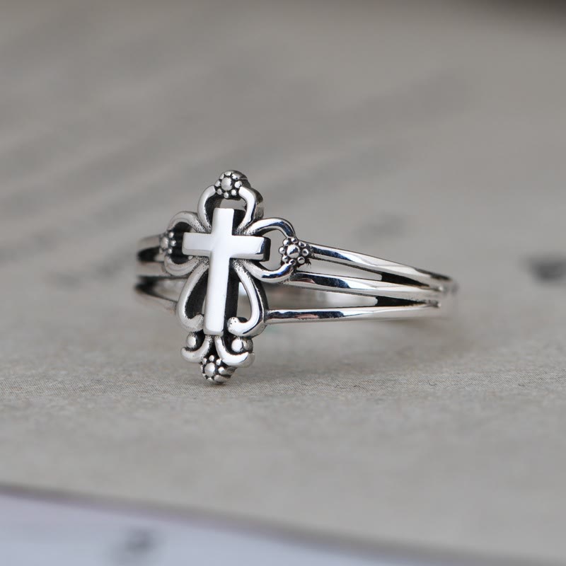 Christianartworkshop Sterling-Ring im Kathedralenstil mit verziertem Kreuz und floralen Schnörkeln - S925 - image 0