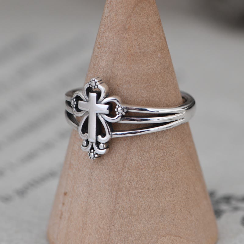 Christianartworkshop Sterling-Ring im Kathedralenstil mit verziertem Kreuz und floralen Schnörkeln - image 1