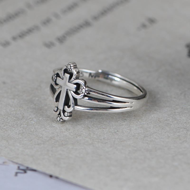 Christianartworkshop Sterling-Ring im Kathedralenstil mit verziertem Kreuz und floralen Schnörkeln - image 2