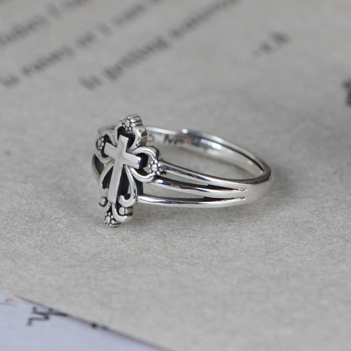 Christianartworkshop Sterling-Ring im Kathedralenstil mit verziertem Kreuz und floralen Schnörkeln - image 2