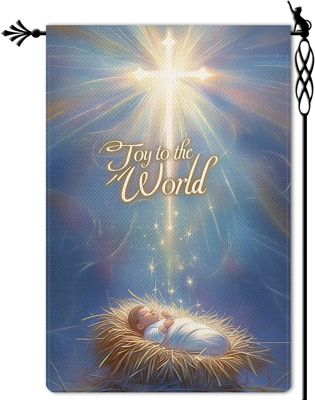 Christianartworkshop Blau – Getönte Gartenflagge „Joy to the World“ mit leuchtendem Kreuz - image 6