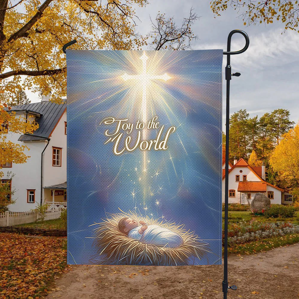 Christianartworkshop Blau – Getönte Gartenflagge „Joy to the World“ mit leuchtendem Kreuz - image 4