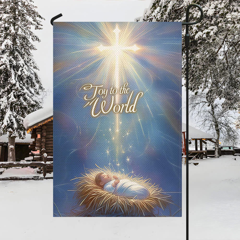 Christianartworkshop Blau – Getönte Gartenflagge „Joy to the World“ mit leuchtendem Kreuz - image 3