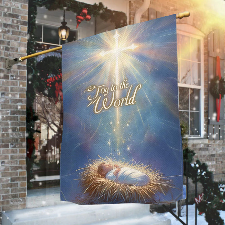 Christianartworkshop Blau – Getönte Gartenflagge „Joy to the World“ mit leuchtendem Kreuz - image 1