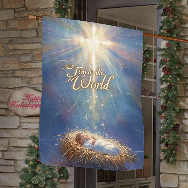 Christianartworkshop Blau – Getönte Gartenflagge „Joy to the World“ mit leuchtendem Kreuz - 90×150cm (3×5 Fuß) - image 0