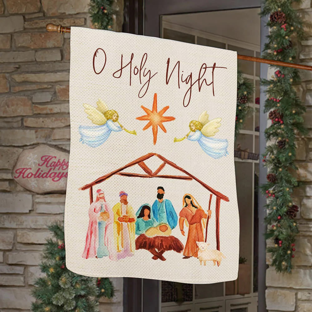 Christianartworkshop Gartenflagge mit Engeln, die Horn spielen, O Heilige Nacht, Krippenmotiv - image 1