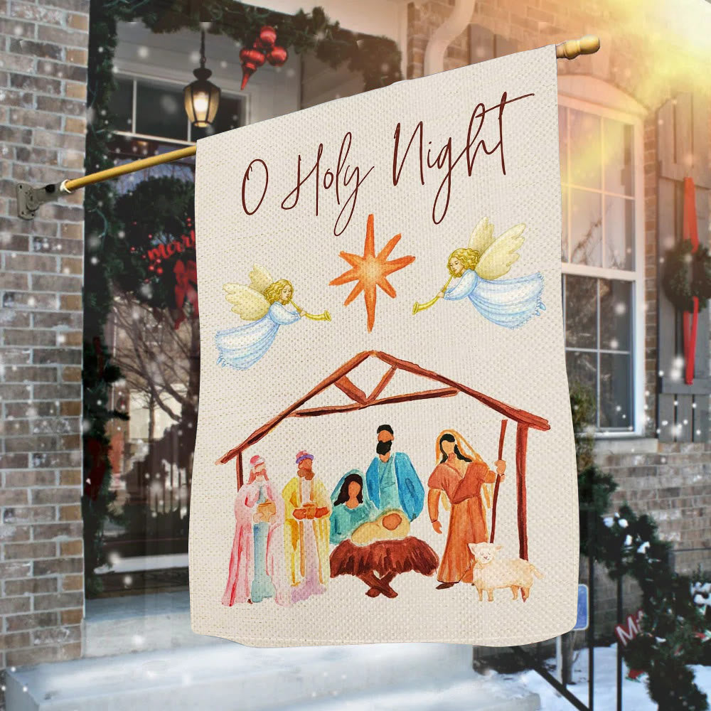 Christianartworkshop Gartenflagge mit Engeln, die Horn spielen, O Heilige Nacht, Krippenmotiv - 90×150cm (3×5 Fuß) - image 0