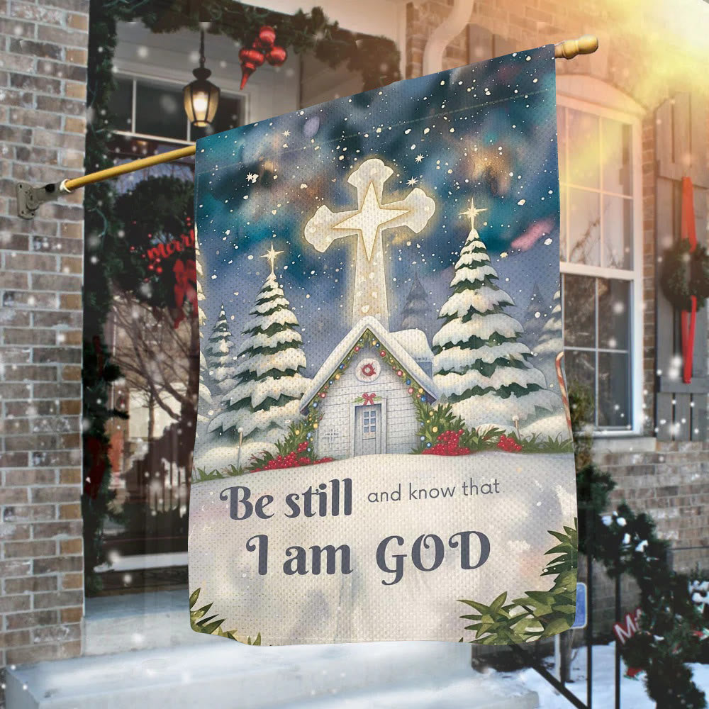 Christianartworkshop Winter-Schneeszene, Kirchen-Gartenflagge – Sei still und wisse, dass ich Gott bin - image 1