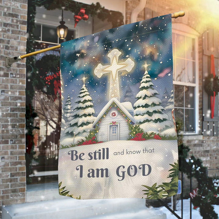 Christianartworkshop Winter-Schneeszene, Kirchen-Gartenflagge – Sei still und wisse, dass ich Gott bin - image 1
