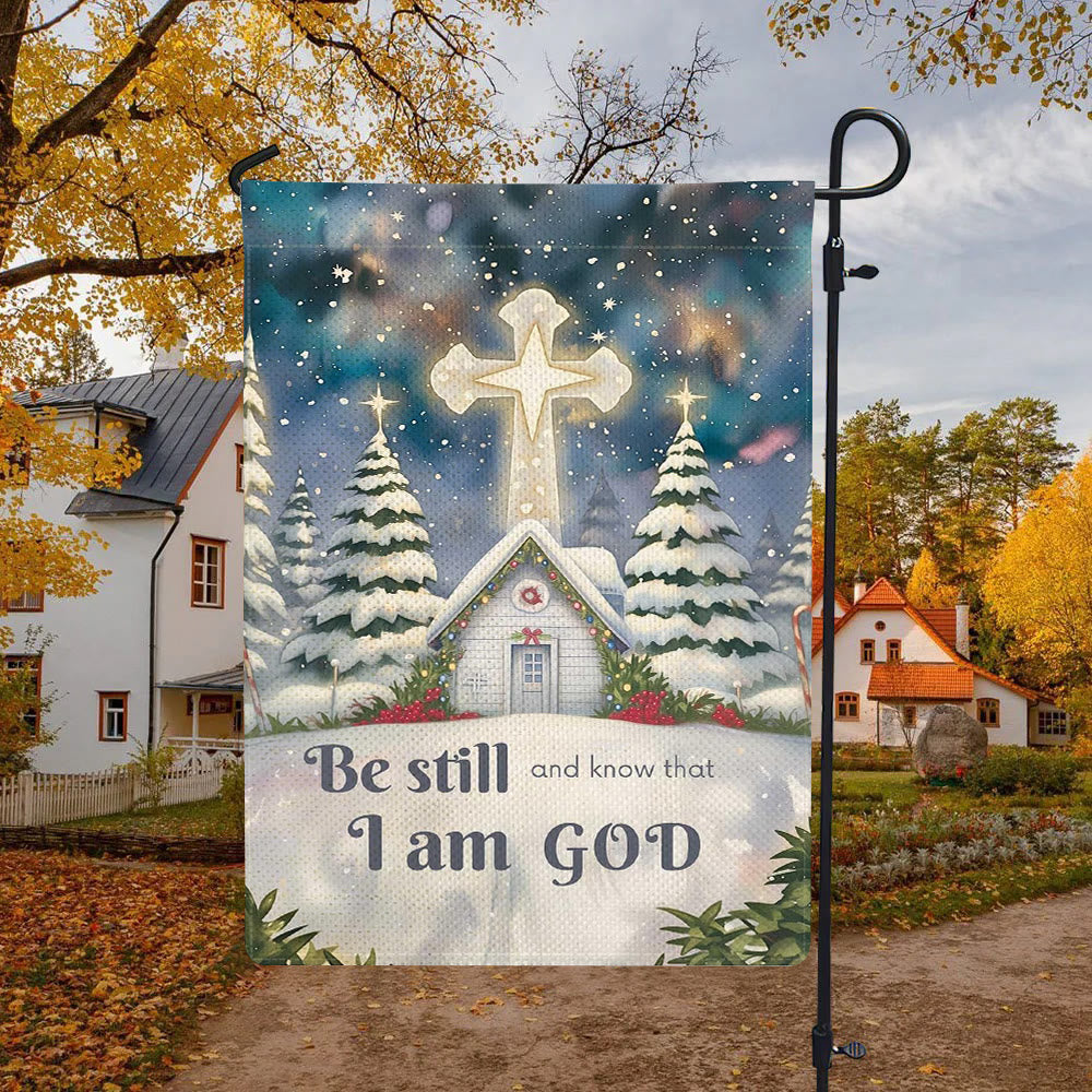 Christianartworkshop Winter-Schneeszene, Kirchen-Gartenflagge – Sei still und wisse, dass ich Gott bin - image 4