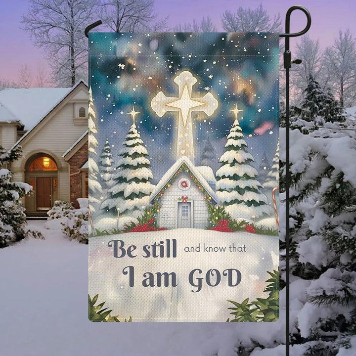 Christianartworkshop Winter-Schneeszene, Kirchen-Gartenflagge – Sei still und wisse, dass ich Gott bin - 90×150cm (3×5 Fuß) - image 0