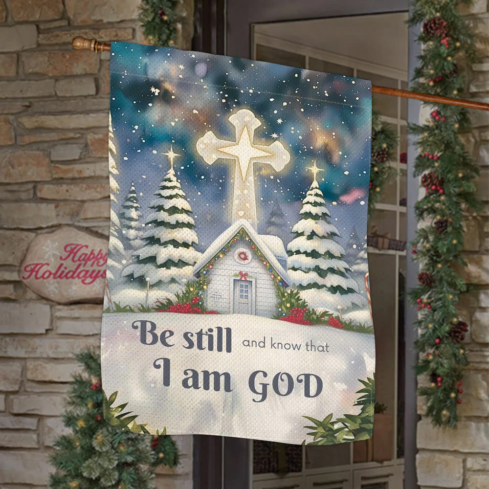 Christianartworkshop Winter-Schneeszene, Kirchen-Gartenflagge – Sei still und wisse, dass ich Gott bin - image 2