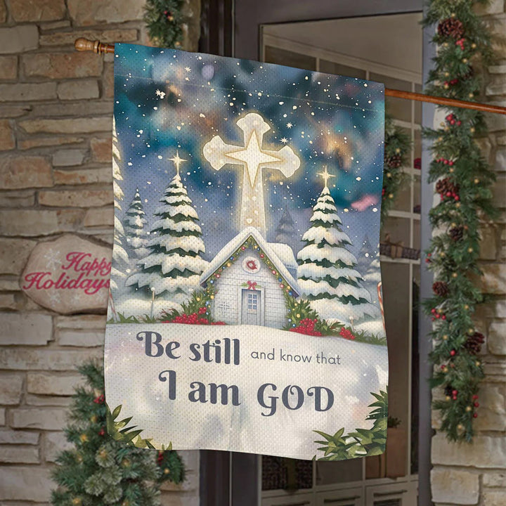 Christianartworkshop Winter-Schneeszene, Kirchen-Gartenflagge – Sei still und wisse, dass ich Gott bin - image 2