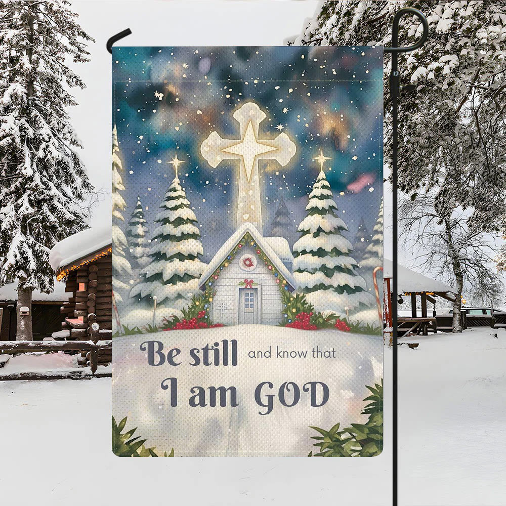 Christianartworkshop Winter-Schneeszene, Kirchen-Gartenflagge – Sei still und wisse, dass ich Gott bin - image 3