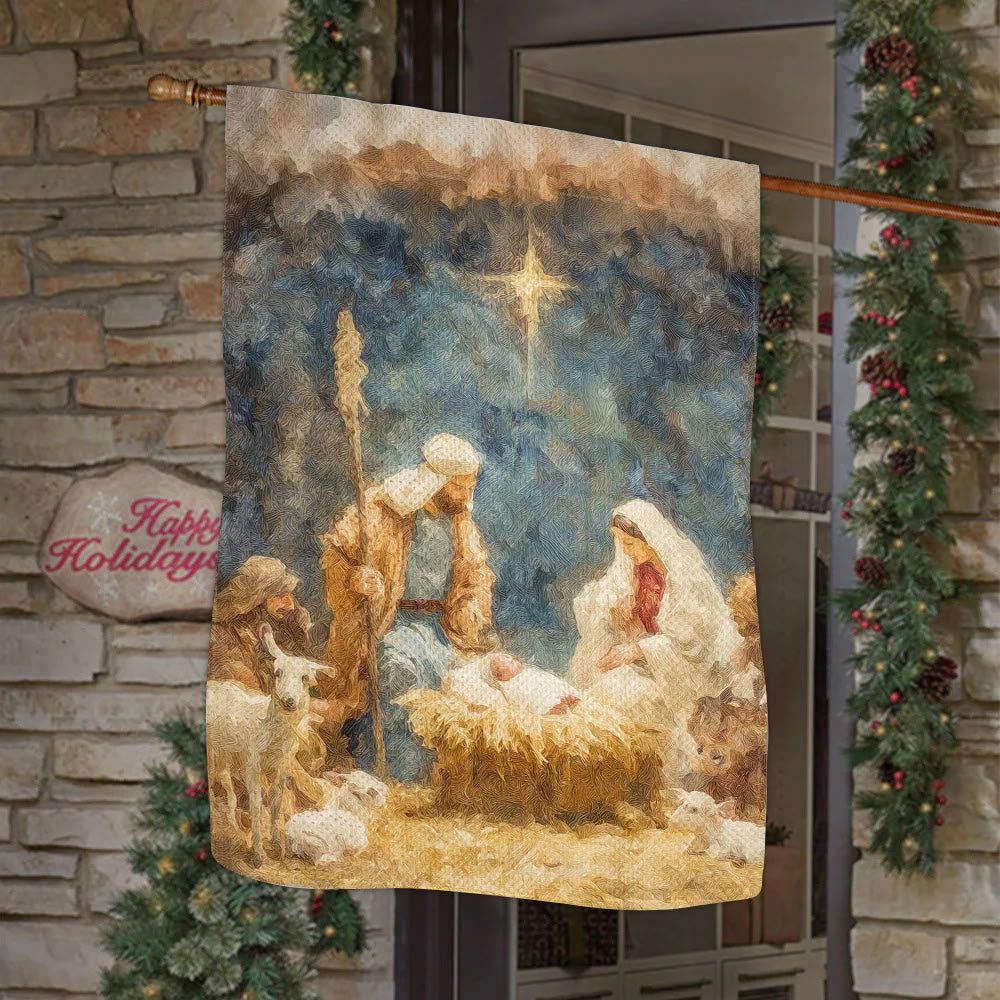 Christianartworkshop Gartenflagge in weichem Ton: Heilige Familie, Tiere und Stern - image 1