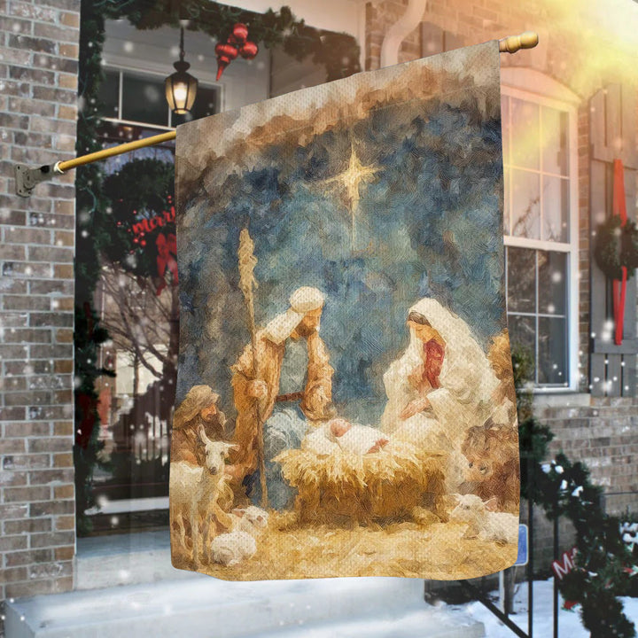 Christianartworkshop Gartenflagge in weichem Ton: Heilige Familie, Tiere und Stern - image 2