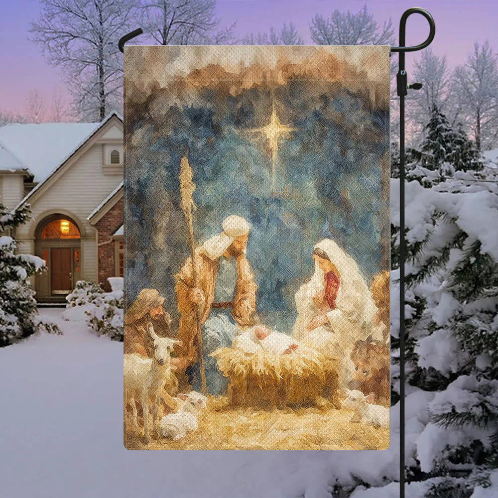 Christianartworkshop Gartenflagge in weichem Ton: Heilige Familie, Tiere und Stern - 90×150cm (3×5 Fuß) - image 0