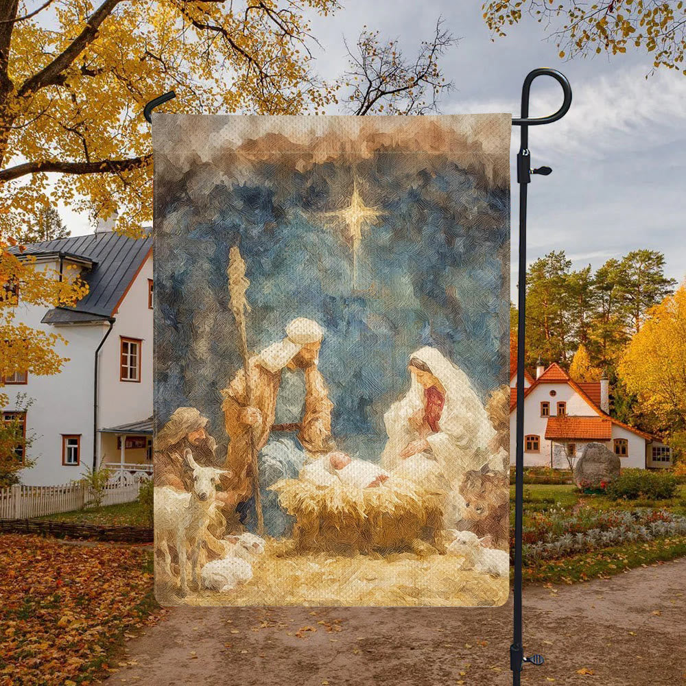 Christianartworkshop Gartenflagge in weichem Ton: Heilige Familie, Tiere und Stern - image 4