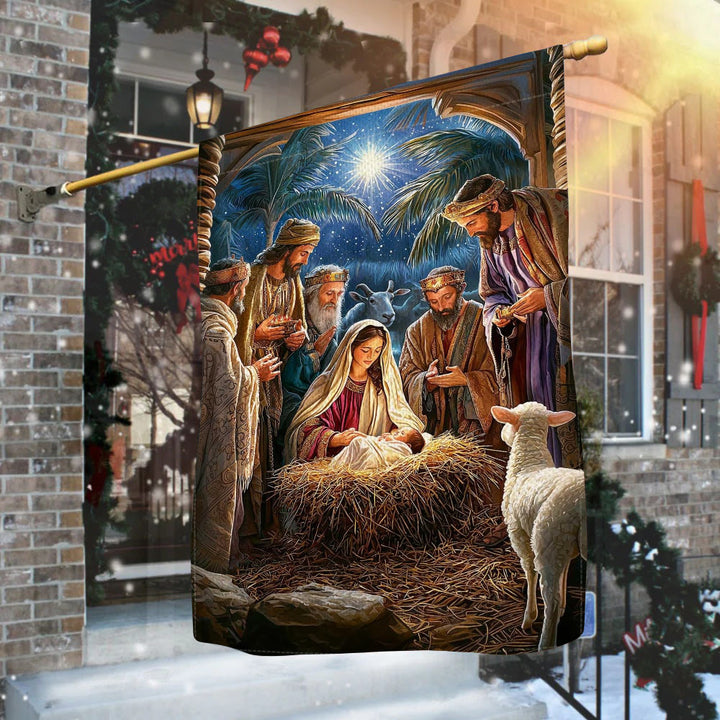 Christianartworkshop Gartenflagge mit heiliger Atmosphäre, Weihnachtskrippe: Heilige Drei Könige und Jesuskind - image 1