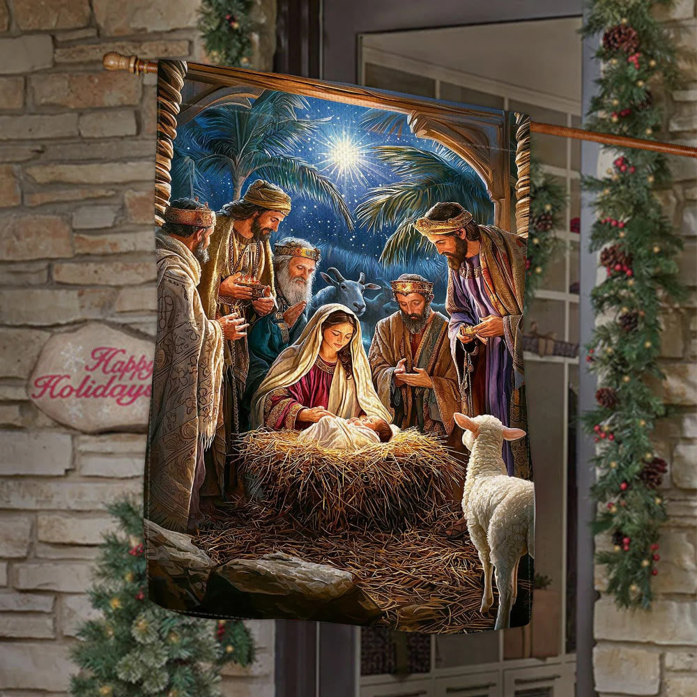 Christianartworkshop Gartenflagge mit heiliger Atmosphäre, Weihnachtskrippe: Heilige Drei Könige und Jesuskind - image 4