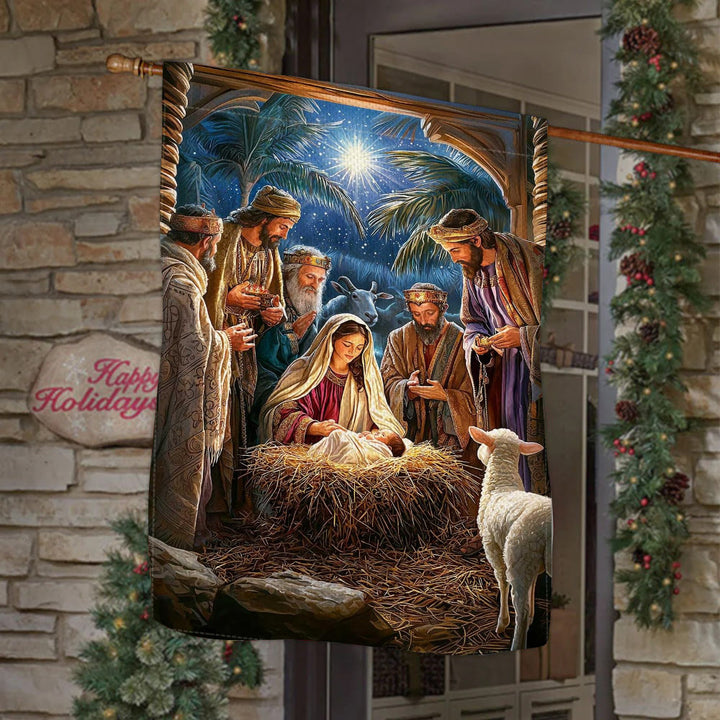 Christianartworkshop Gartenflagge mit heiliger Atmosphäre, Weihnachtskrippe: Heilige Drei Könige und Jesuskind - image 4